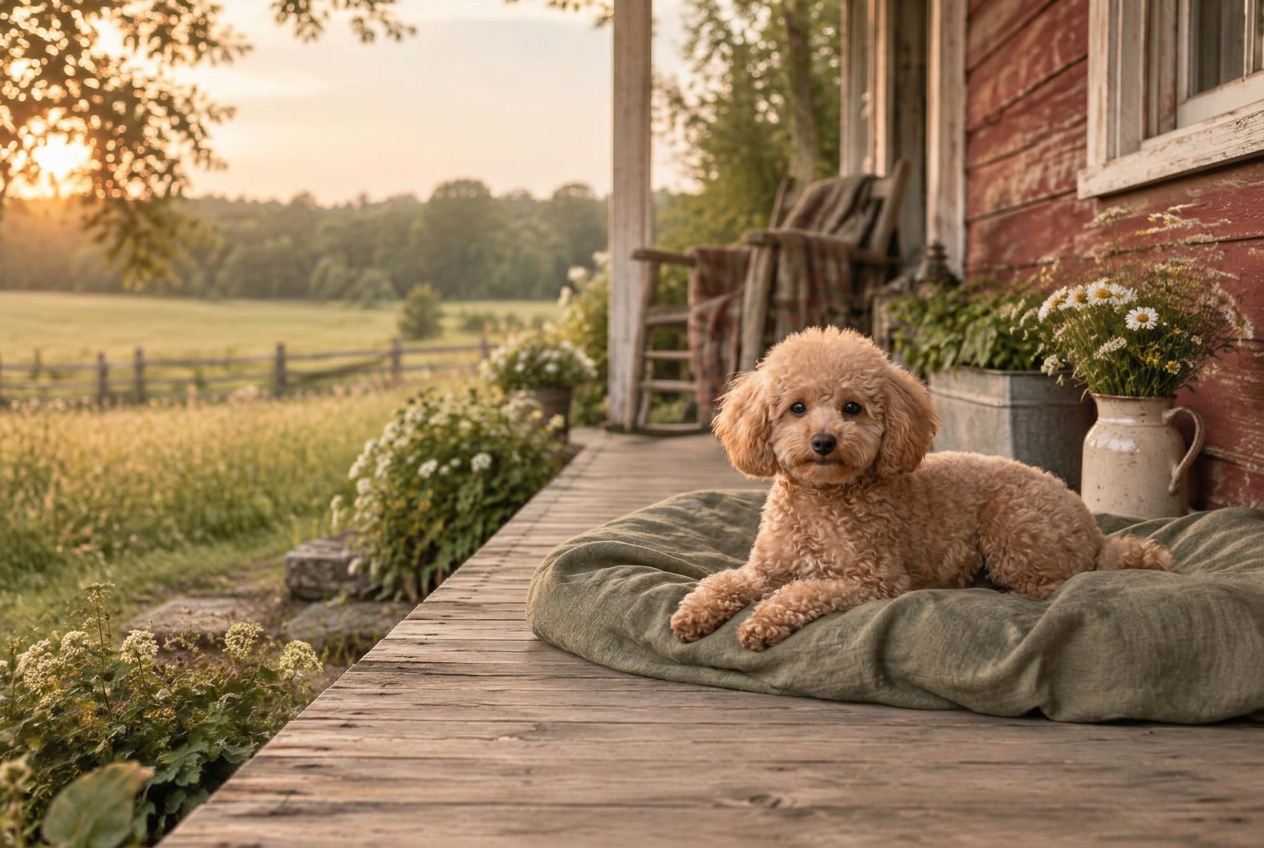 Rio, a tiny mini poodle, resting on a farmhouse porch at sunset